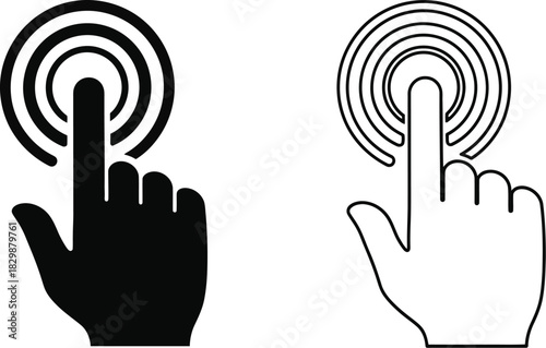 Black and white hand icons illustrating a finger pressing a button