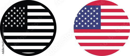 Two circular depictions of the american flag one in monochrome and one in color