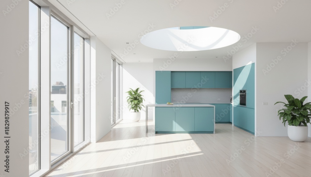 Fototapeta premium bright modern kitchen with skylight and teal cabinets showing contemporary interior design and clean living trend
