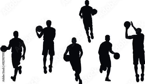 Silhouette of basketball players in action on white background