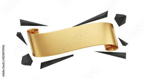 Luxurious 3D golden scroll banner with dynamic abstract shapes, an elegant blank template for titles, awards, or celebratory announcements
