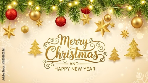 Merry Christmas and Happy New Year Vector Illustration with Gold Stars Border Frame

