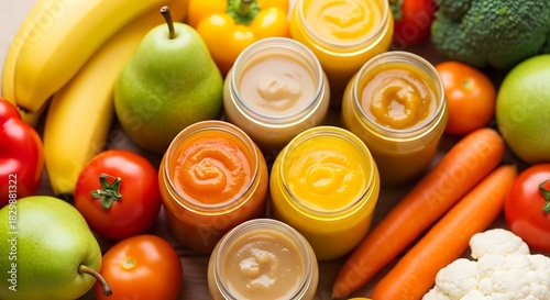 Assortment of fresh fruits vegetables and baby food purees in jars