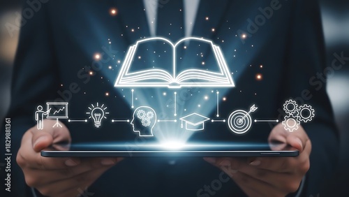 Digital Education Concept A Person Holding a Tablet with a Holographic Book and Icons