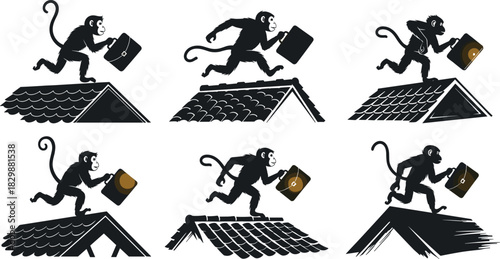 Cartoon monkeys with briefcases running across rooftops in six poses, business humor illustration, urban motion concept, white background, silhouette design