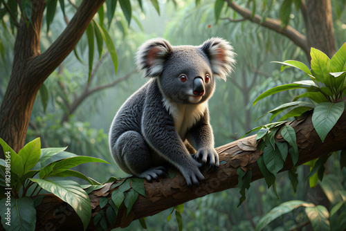 Adorable koala resting on a tree branch in the forest.
A koala (Phascolarctos cinereus) sits on a tree branch amidst a lush, green forest. Its fur is a soft grey with prominent white patches around th