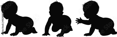 Crawling baby silhouettes, infant motion, developmental pose, black outline, motor skills, toddler gesture, growth stage, posture study, movement arc, child mobility
