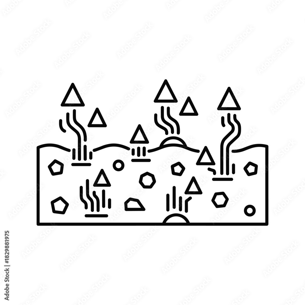 Fototapeta premium Line icon illustrating soil erosion process with water runoff and particle loss isolated on