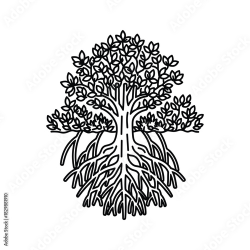Black and white line art icon of a mangrove tree with exposed aerial roots isolated on