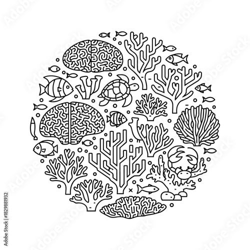 Black and white line art circle illustration of brain and coral reef life