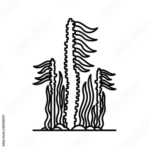Black and white line art illustration of kelp forest underwater plant life isolated on