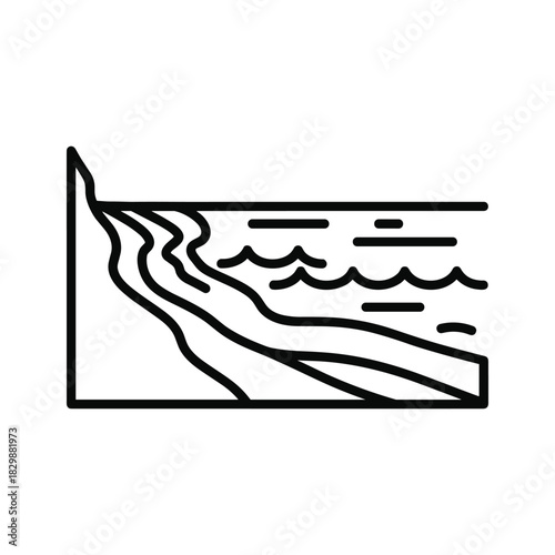 Minimalist line art icon representing a river flowing into a large body of water or sea