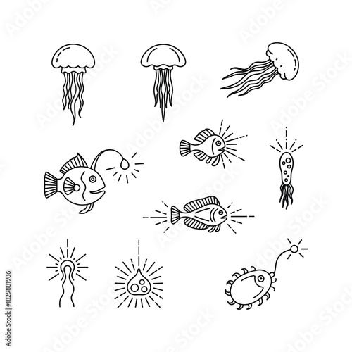 Collection of hand drawn deep sea creature and marine life outline icons