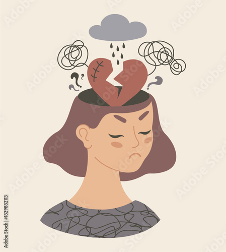 Mental Health. Sad Woman with Broken Heart, rain cloud and Tangled Thoughts from her head. Symbolizes emotional pain, confusion, Depression and Stress. Vector Illustration in Flat retro color. Not AI