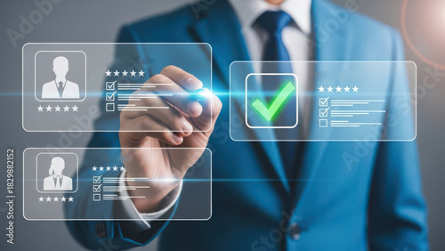 Businessman selecting best candidate profile on digital interface