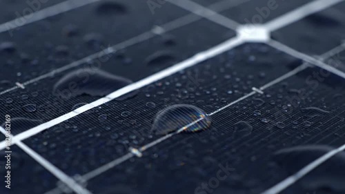 Close-up of water droplets on a dark solar panel surface, representing clean, renewable energy and sustainable technology.