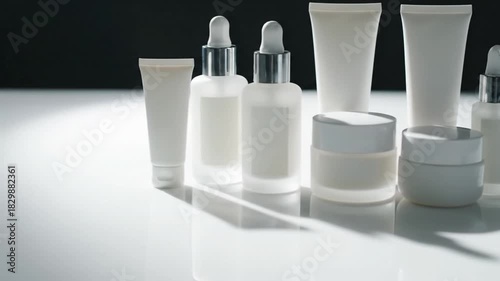 Minimalist white cosmetic and skincare product packaging set with dropper bottles, tubes, and jars on a clean surface.