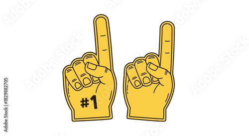 Two yellow foam fingers pointing up, one with the number 1 on it, against a white background.