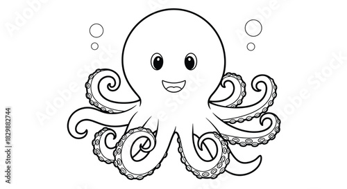 Cute black and white cartoon illustration of a happy octopus with eight tentacles and bubbles.