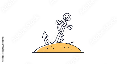 Stylized illustration of a nautical anchor resting on a sandy dune with a white background.
