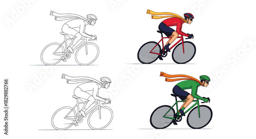 Cyclists wearing scarves race bicycles in different colored outfits and bicycles.