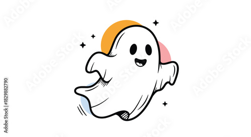 Cute cartoon ghost floating happily with starry background and colorful circles.