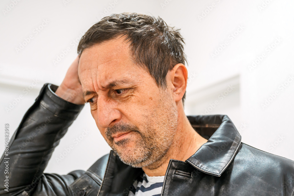 Ταπετσαρία Portrait of a mature resentful man with messy unkempt hair and face stubble, wearing a leather jacket in a minimalist modern white interior