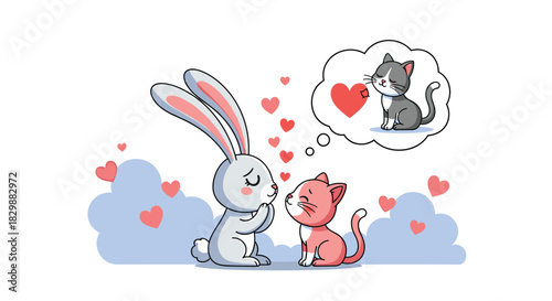 A sweet cartoon rabbit and kitten sharing a romantic moment with hearts floating around them.