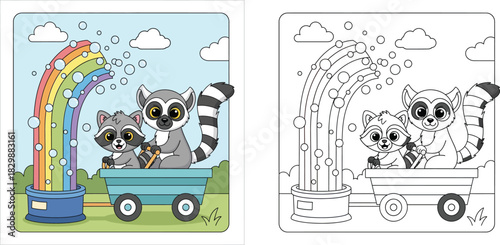 Cute cartoon lemur and raccoon riding in blue wagon with rainbow bubble machine vector illustration. Adorable animal friends playing in park nature with clouds.