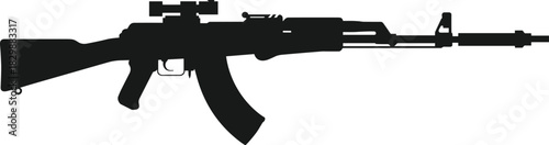 Assault rifle silhouette, AK-47 style, firearm icon, military weapon, black vector, tactical gear, curved magazine, scope mount, combat equipment, gun profile