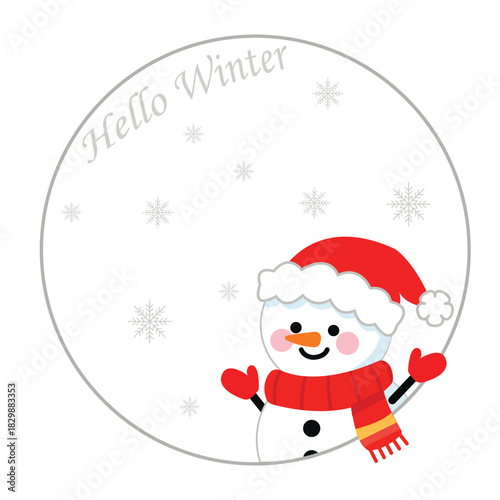 An illustration of a cute snowman wearing a red Santa hat, scarf, and mittens. He smiles and peers out from the right side of a circular frame with falling snowflakes. At the top of the circle is the 