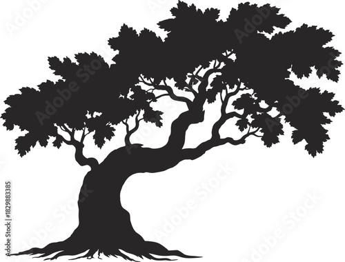 Tree silhouette with roots, mature trunk, expansive canopy, black vector, nature symbol, botanical art, forest design, growth icon, stability, outdoor