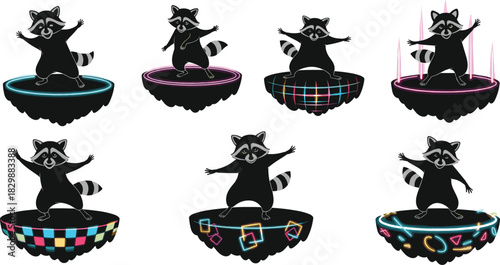 Cartoon raccoons on futuristic glowing platforms with neon decorations, seven-pose character set, stylized animal illustration, playful fantasy theme, white background