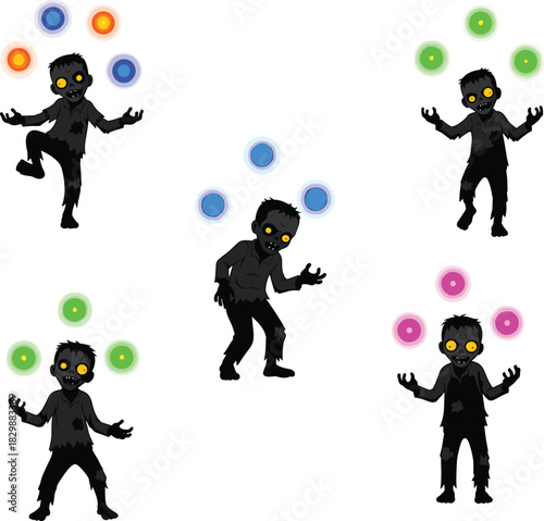 Cartoon zombies with glowing orbs in five poses, supernatural character set, fantasy horror illustration, mystical energy theme, stylized undead design