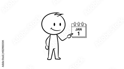 New Year's optimism and fresh start energy radiates from this simple stick figure calendar, marking January first for hopeful beginnings and positive change