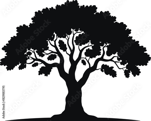 Tree silhouette illustration, mature trunk, leafy canopy, nature symbol, black vector, growth icon, stability theme, botanical art, forest design, outdoor