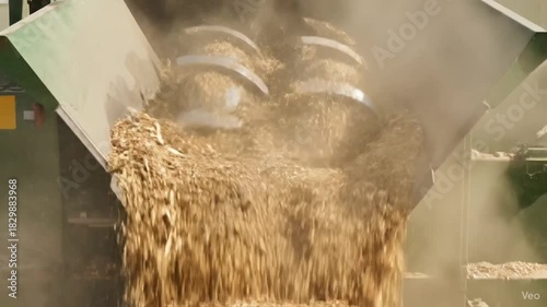 Industrial wood processing machinery with wood chips and dust