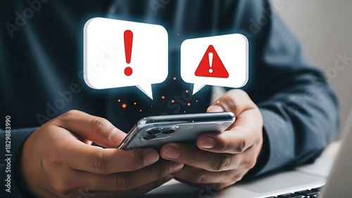 Smartphone alert notifications and warnings displayed on mobile device screen, concept of digital communication and urgent messages