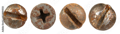 A set of old rusty bolt caps on a white background