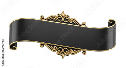 Luxurious black and gold scroll banner with baroque filigree, an elegant 3D rendered decorative element for titles
