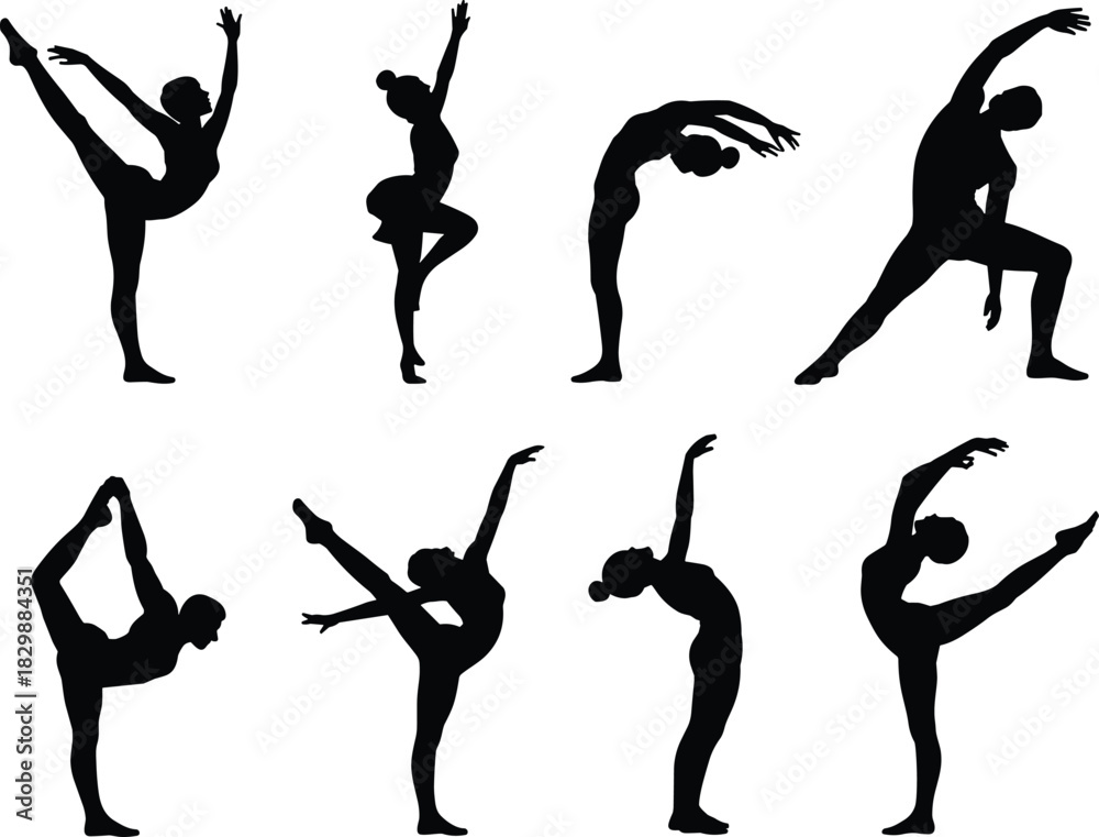 Fototapeta premium Dance silhouettes, gymnastics poses, ballet movements, expressive posture, high leg extension, backbend figure, black outline, flexibility study, motion reference, body form