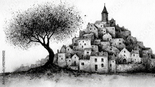Monochromatic ink wash illustration of an old hill town with a church tower.