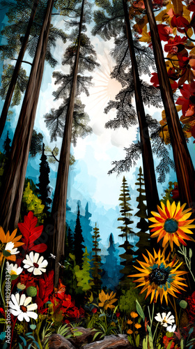 Low angle view of a forest with tall trees and colorful sunflowers.