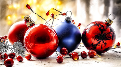 A festive holiday composition featuring shiny baubles and glowing bokeh lights against a bright background. New Year or Christmas greeting card design.