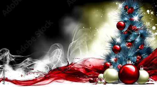 Holiday banner design with a stylized Christmas tree, baubles, and abstract smoke and liquid elements. Black, white, and red color scheme with copy space on the left.
