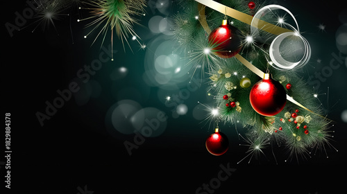 Christmas background featuring red hanging ornaments and fir branches on a dark festive backdrop.
