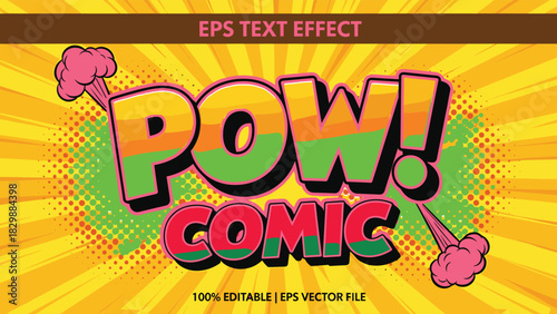 Bright comic POW text effect with explosive pop art style, retro halftone background, colorful action lettering for cartoon design projects