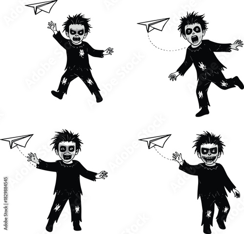 Cartoon zombie character interacting with paper airplane in four poses, humorous horror illustration, spooky undead artwork, creepy Halloween fantasy design concept