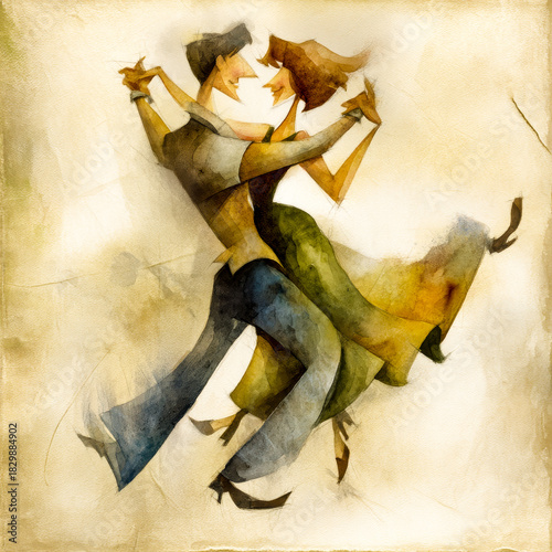 Abstract watercolor painting of happy couple dancing together on beige textured background.