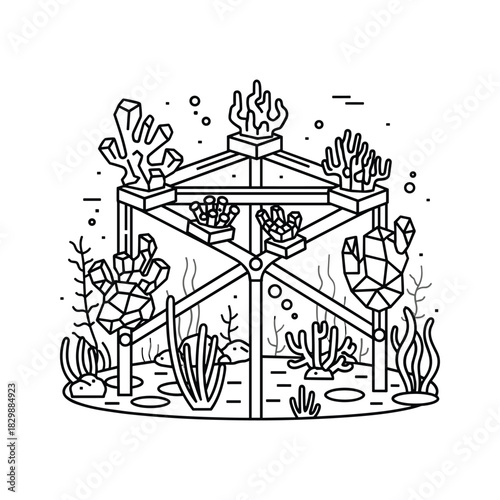 Underwater Coral Farm Line Art Illustration